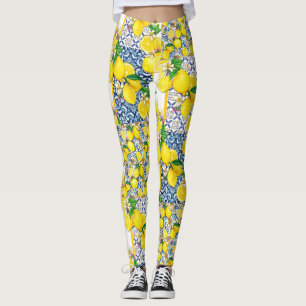Lemon Portuguese Azulejo Mediterranean Santorini   Leggings