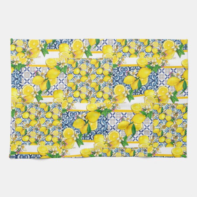 Lemon Portuguese Azulejo Mediterranean Santorini   Tea Towel (Horizontal)