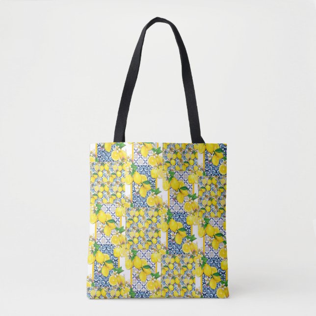 Lemon Portuguese Azulejo Mediterranean Santorini Tote Bag (Front)