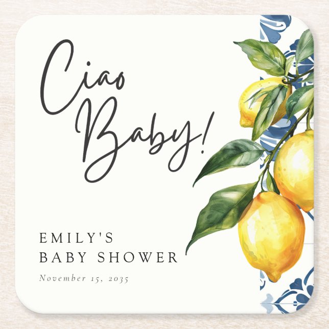 Lemon Positano Italian Baby Shower Square Paper Coaster (Front)