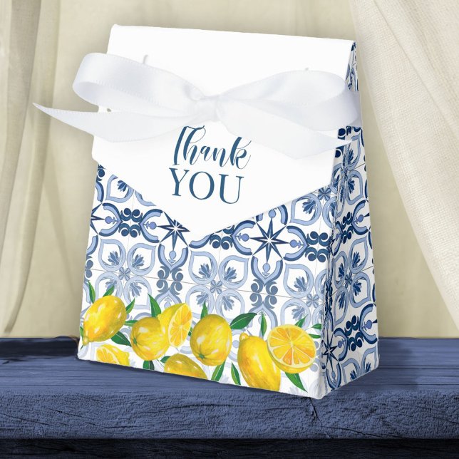 Lemon Positano Italian Blue Tile  Favour Box (An elegant Mediterranean lemon gift box, great for filling with a treat to thank your guests.)