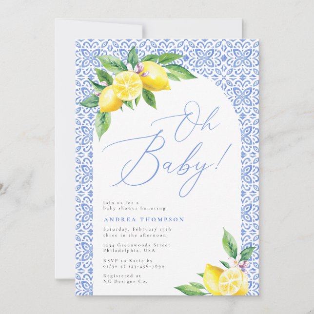 Lemon Positano Italian Blue Tile Oh baby Shower Invitation (Front)
