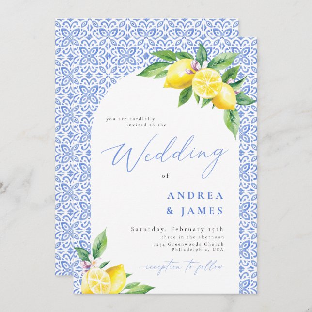 Lemon Positano Italian Blue Tile Wedding Invitation (Front/Back)