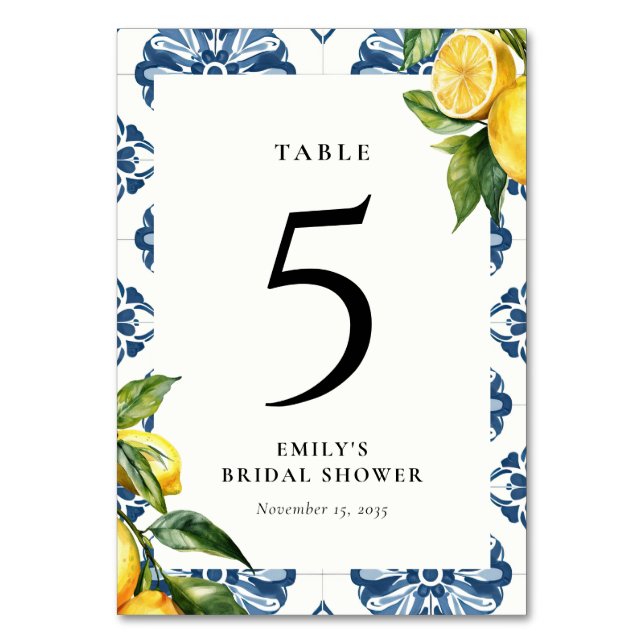 Lemon Positano Italian Bridal Shower Table Number (Front)