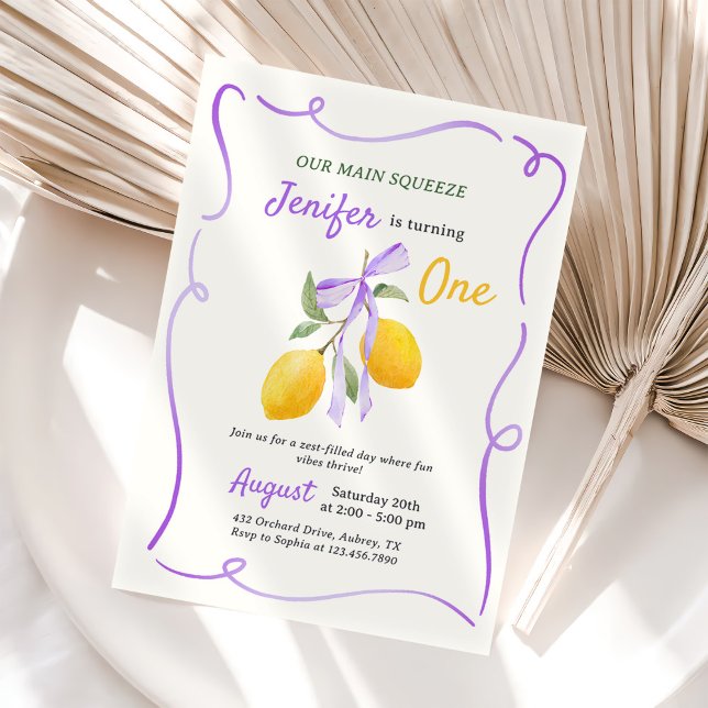 Lemon Purple Bow First Birthday Party  Invitation (Creator Uploaded)