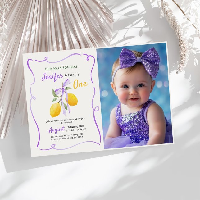 Lemon Purple Bow First Birthday Party Photo Invitation (Creator Uploaded)