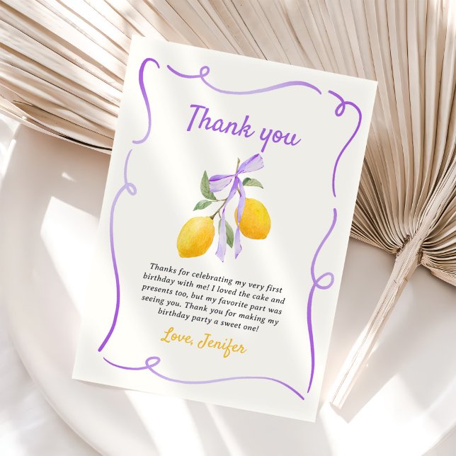 Lemon Purple Bow First Birthday Party Thank You Card (Creator Uploaded)