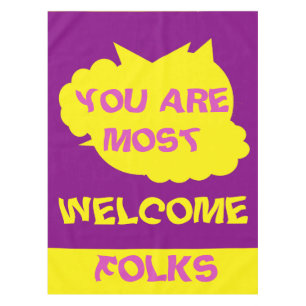 Lemon purple pink with welcome folks motif pastels tablecloth
