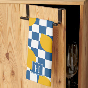 Lemon Rustic Farmhouse Blue White Check Monogram Tea Towel