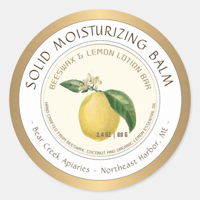 Lemon Scented Beeswax Lotion Bar label Gold Border (Front)