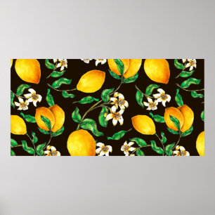 Lemon Seamless Pattern hand painted in watercolor Poster