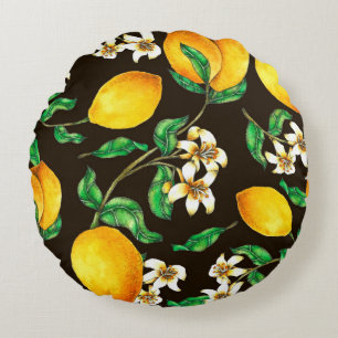 Lemon Seamless Pattern hand painted in watercolor Round Cushion