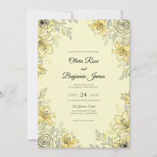 Lemon Silver Leaf Wedding Invitation (Front)