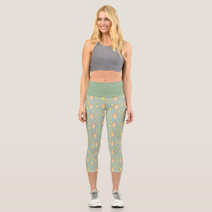 lemon slice and cat pattern capri leggings