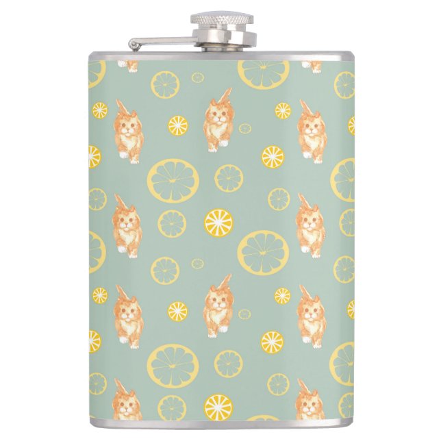 lemon slice and cat pattern hip flask (Front)