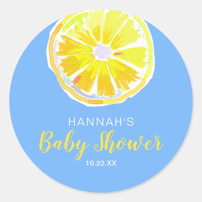 Lemon Slice Watercolor Blue Baby Shower Classic Round Sticker (Front)