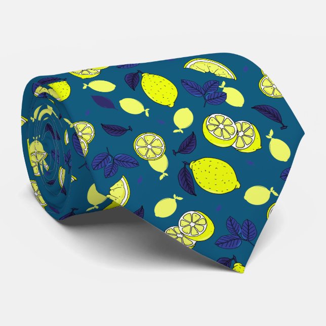Lemon Slices and Blue Leaves Lemon Food Patterned Tie (Rolled)