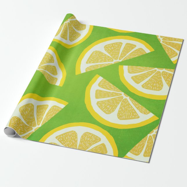 Lemon Slices on Lime Green Background  Wrapping Paper (Unrolled)