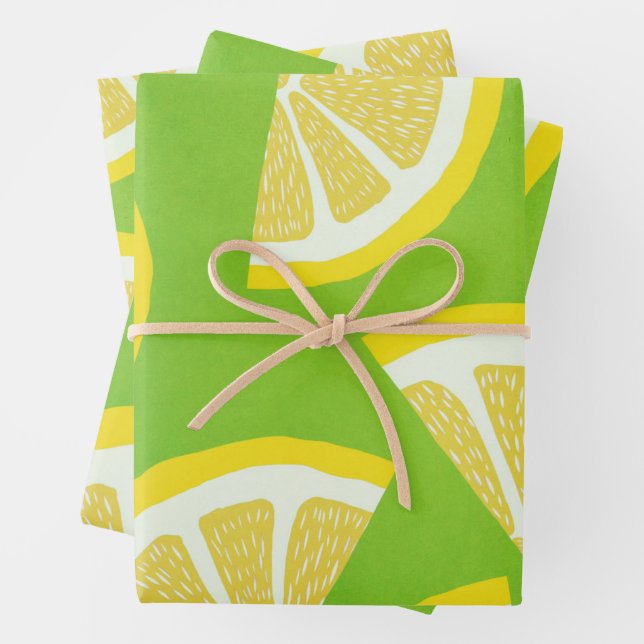 Lemon Slices on Lime Green Background Wrapping Paper Sheet (In situ)