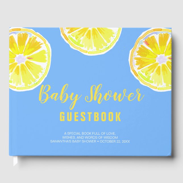 Lemon Slices Watercolor Baby Shower Blue Guest Book (Front)