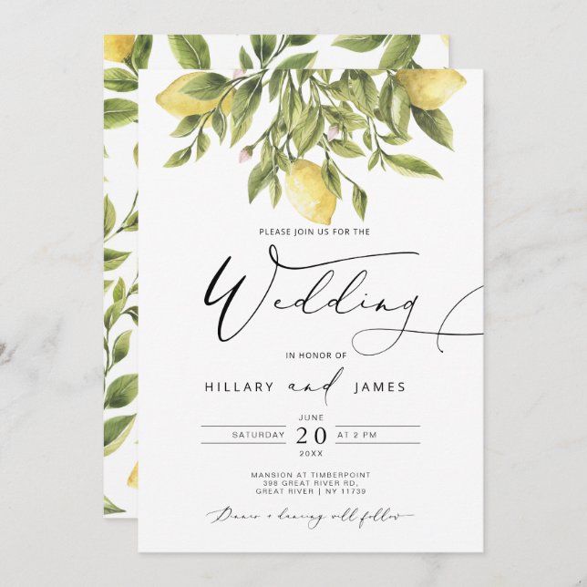 Lemon Sorrento Amalfi Coast Calligraphy Wedding Invitation (Front/Back)