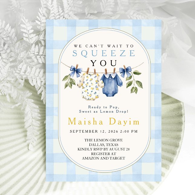 Lemon Squeeze Blue Gingham Boy Baby Shower  Invitation (Creator Uploaded)