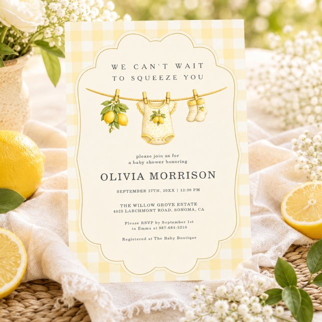 Lemon Squeeze Gingham Yellow Baby Shower Invitation (Creator Uploaded)