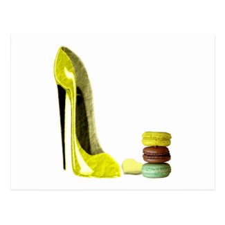 Lemon Stiletto Shoe and Macaroons Art Postcard