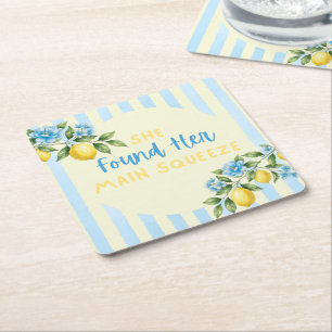 Lemon Stripes Main Squeeze Bridal Shower Square Paper Coaster