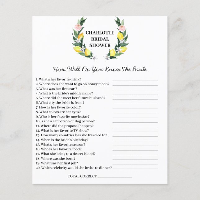 Lemon Theme Bridal Shower Trivia Question Flyer (Front)