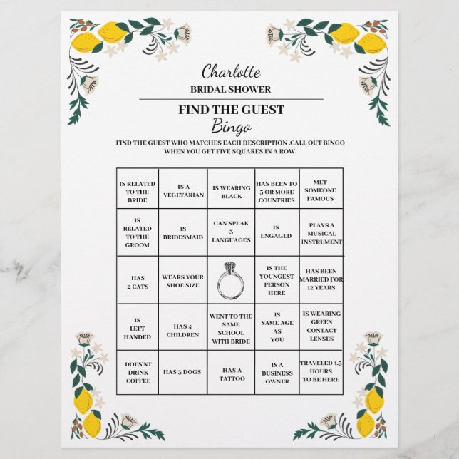 Lemon Theme Find The Guest Bridal Shower Bingo  Flyer (Front)