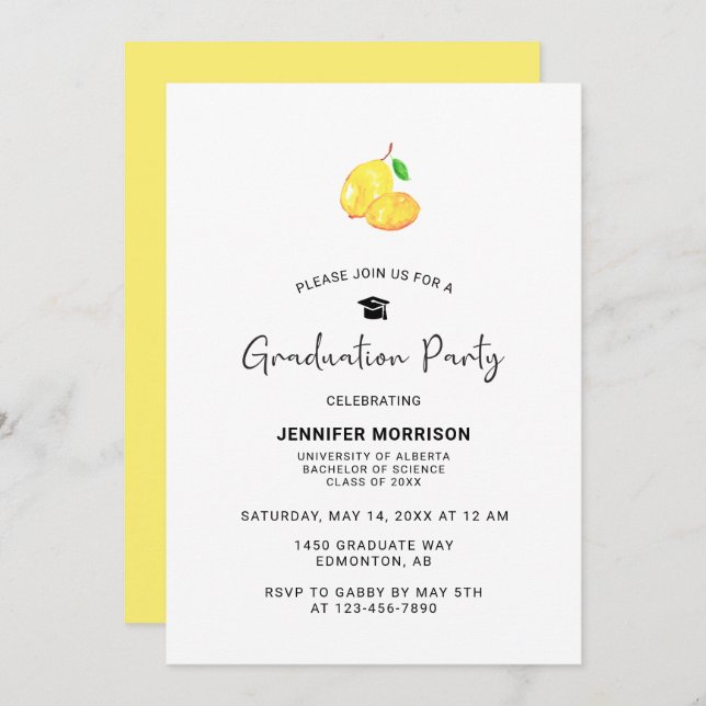 Lemon Theme Graduation Party Boho Modern Chic  Inv Invitation (Front/Back)