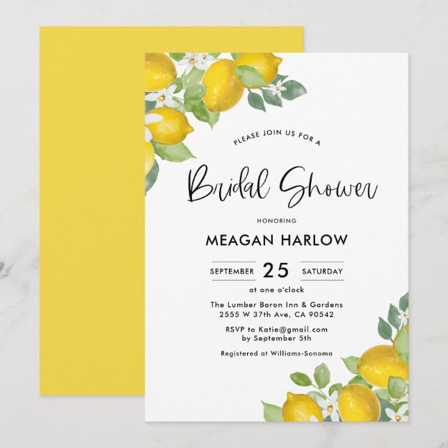 Lemon Theme Summer Bridal Shower Shower Invitation (Front/Back)