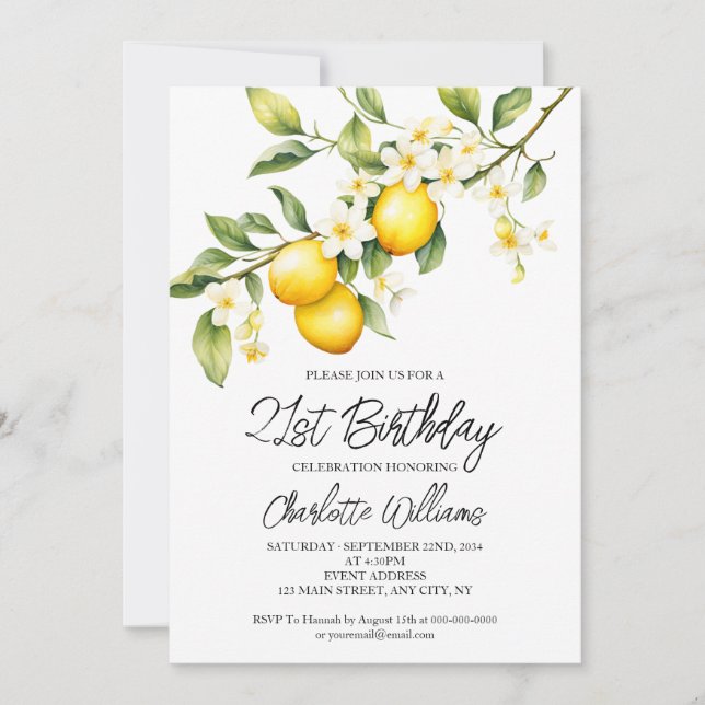 Lemon Theme Watercolor 21st Birthday Party Invitation (Front)