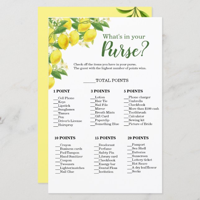 Lemon Theme What's In Your Purse Shower Game (Front/Back)