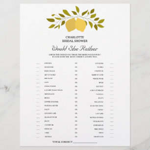 Lemon Theme Would She Rather Bridal Shower Game  Flyer