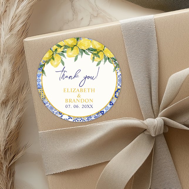 Lemon-Themed Mediterranean Tile Wedding Classic Round Sticker (Creator Uploaded)