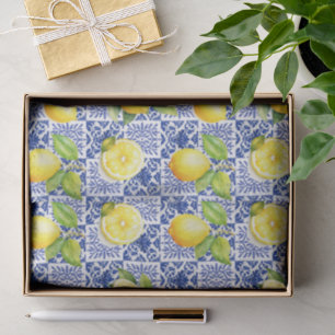 Lemon Tile Blue White Pattern Mediterranean Citrus Tissue Paper