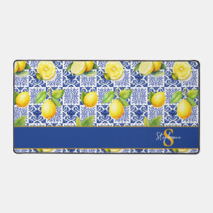 Lemon Tile Blue White Pattern Monogram Name Citrus Desk Mat