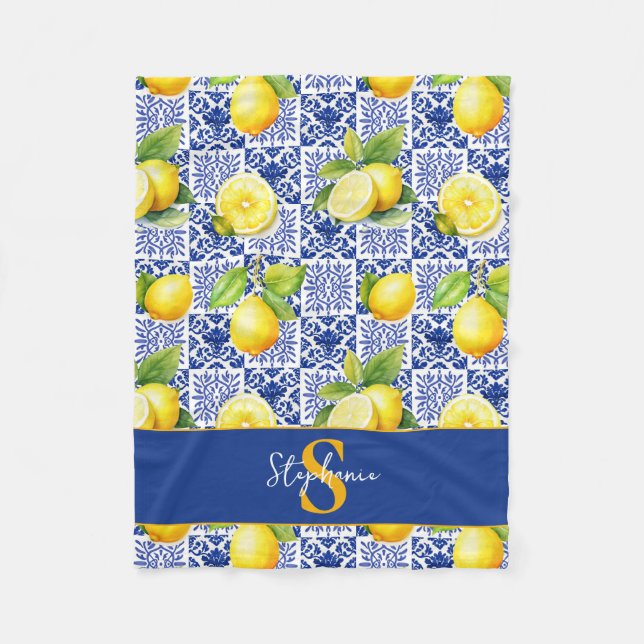 Lemon Tile Blue White Pattern Name Monogram Citrus Fleece Blanket (Front)