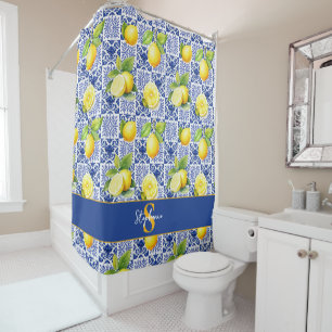 Lemon Tile Blue White Pattern Name Monogram Citrus Shower Curtain