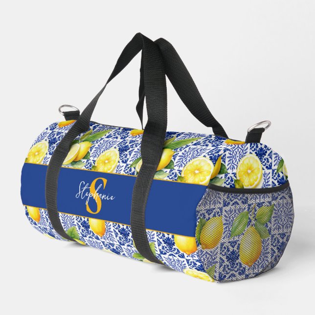 Lemon Tile Pattern Blue White Mediterranean Citrus Duffle Bag (Right Corner)