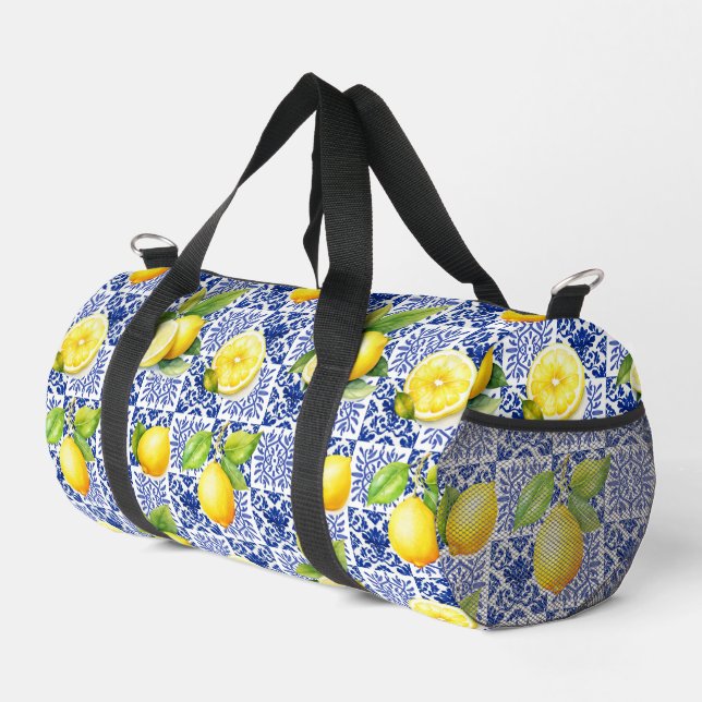 Lemon Tile Pattern Blue White Mediterranean Citrus Duffle Bag (Right Corner)