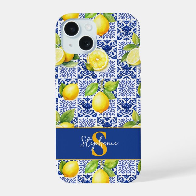 Lemon Tile Pattern Blue White Mediterranean Citrus iPhone 15 Case (Back)