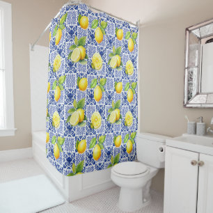 Lemon Tile Pattern Blue White Mediterranean Citrus Shower Curtain