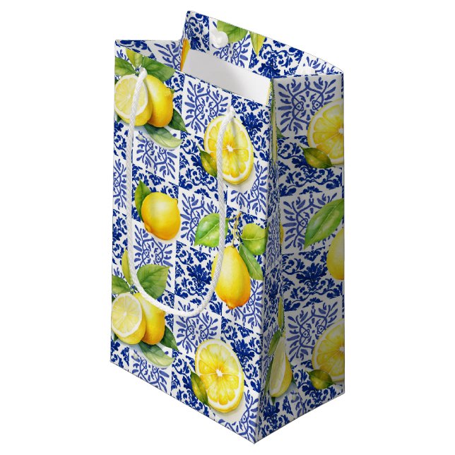 Lemon Tile Pattern Blue White Mediterranean Citrus Small Gift Bag (Front Angled)