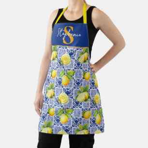 Lemon Tile Pattern Blue White Monogram Name Citrus Apron