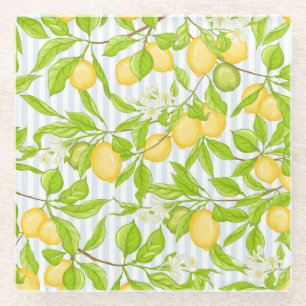 Lemon Tree Branch: Striped Seamless Pattern Glass Coaster