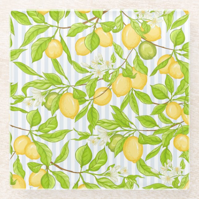 Lemon Tree Branch: Striped Seamless Pattern Glass Coaster (Front)