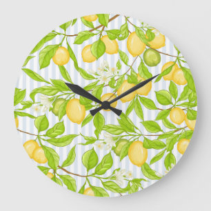 Lemon Tree Branch: Striped Seamless Pattern Large Clock